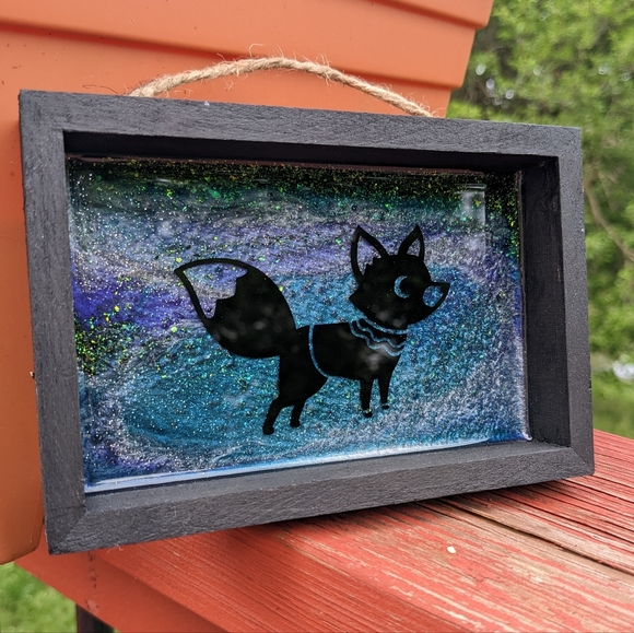 Fall Fox Wall Hanging Handmade Resin Art Sparkly Wood Shadowbox Canvas Cute - Picture 4 of 6